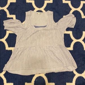 blue and white stripe blouse with open shoulders